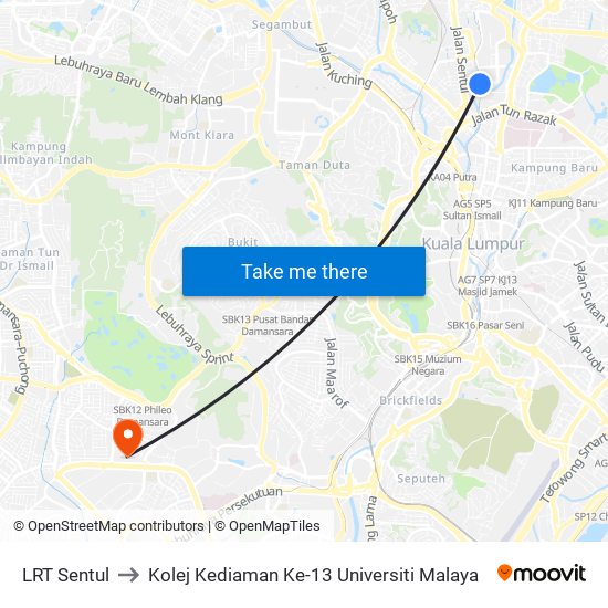 LRT Sentul to Kolej Kediaman Ke-13 Universiti Malaya map