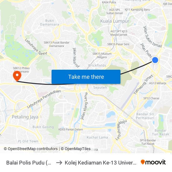 Balai Polis Pudu (Kl2503) to Kolej Kediaman Ke-13 Universiti Malaya map