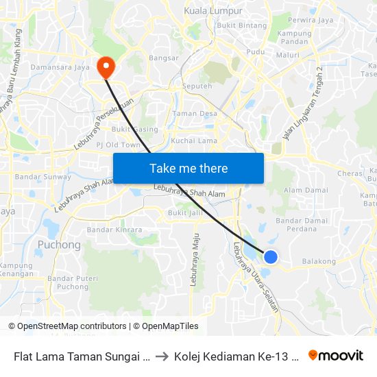 Flat Lama Taman Sungai Besi Indah (Sj89) to Kolej Kediaman Ke-13 Universiti Malaya map