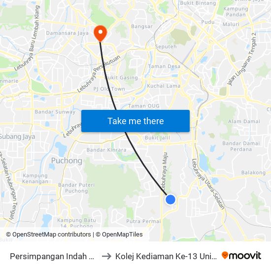 Persimpangan Indah 1/15 (Sj796) to Kolej Kediaman Ke-13 Universiti Malaya map