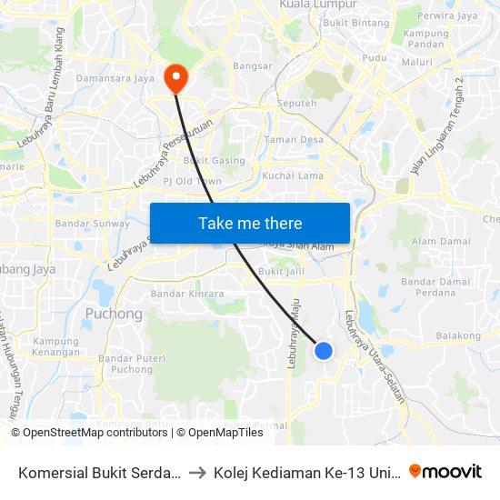 Komersial Bukit Serdang 5 (Sj810) to Kolej Kediaman Ke-13 Universiti Malaya map