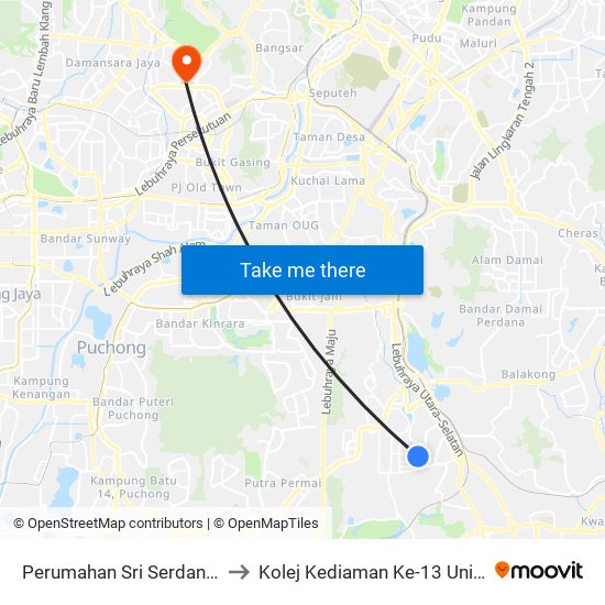 Perumahan Sri Serdang 18 (Sj821) to Kolej Kediaman Ke-13 Universiti Malaya map