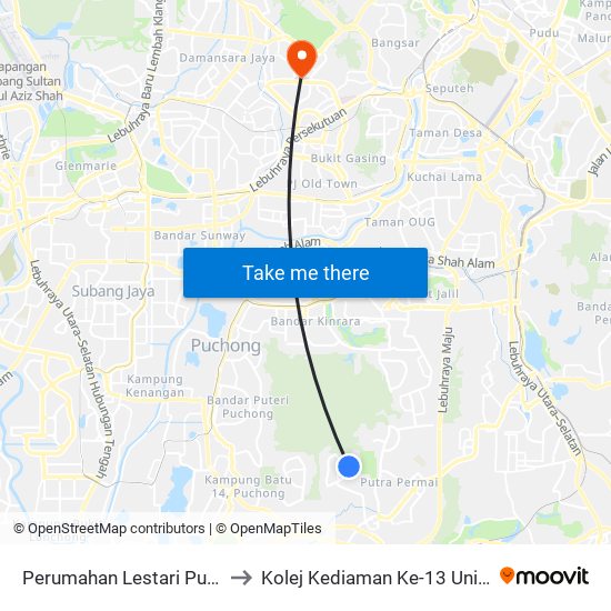 Perumahan Lestari Putra 4 (Sj877) to Kolej Kediaman Ke-13 Universiti Malaya map