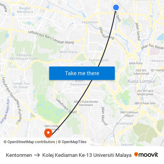 Kentonmen to Kolej Kediaman Ke-13 Universiti Malaya map