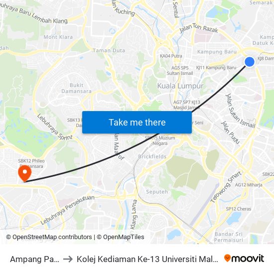 Ampang Park to Kolej Kediaman Ke-13 Universiti Malaya map