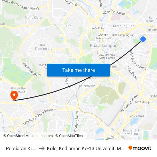 Persiaran KLCC to Kolej Kediaman Ke-13 Universiti Malaya map