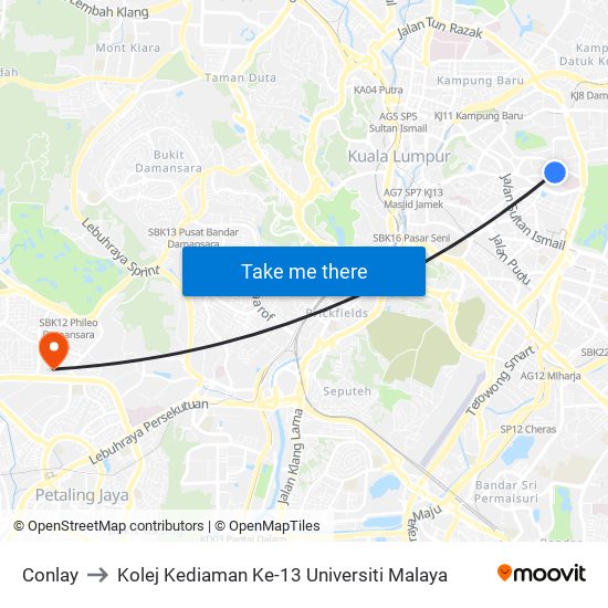 Conlay to Kolej Kediaman Ke-13 Universiti Malaya map