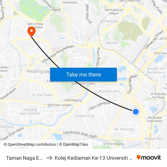 Taman Naga Emas to Kolej Kediaman Ke-13 Universiti Malaya map