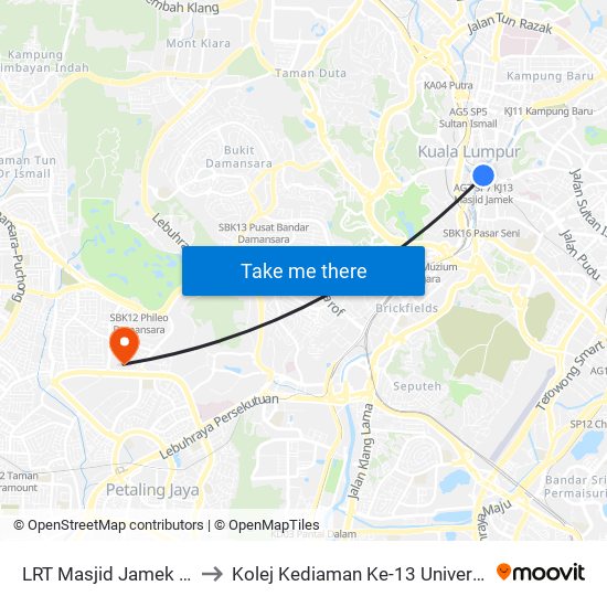 LRT Masjid Jamek (Kl107) to Kolej Kediaman Ke-13 Universiti Malaya map