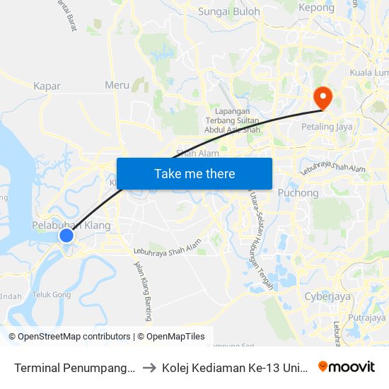 Terminal Penumpang South Port to Kolej Kediaman Ke-13 Universiti Malaya map
