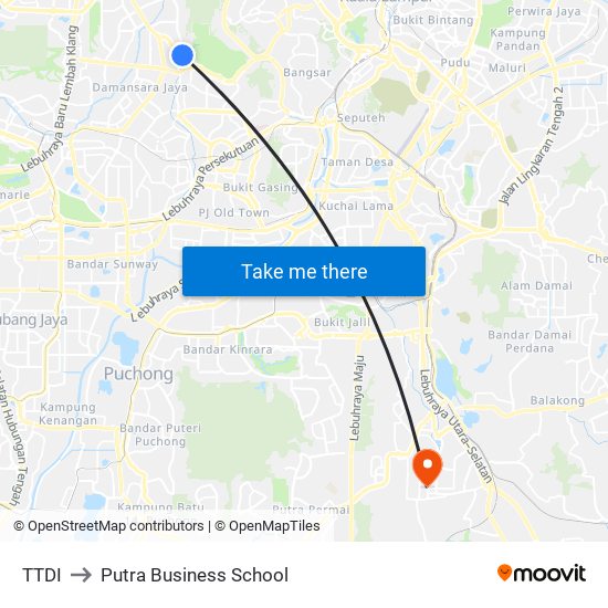 TTDI to Putra Business School map