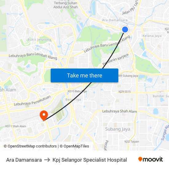 Ara Damansara to Kpj Selangor Specialist Hospital map