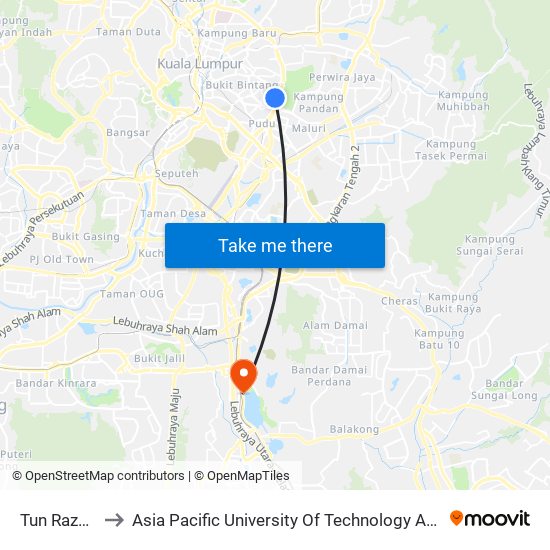 Tun Razak Exchange (Trx) to Asia Pacific University Of Technology And Innovation (Apu) - Faculty Of Business & Management (Fbm) map