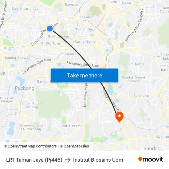 LRT Taman Jaya (Pj445) to Institut Biosains Upm map