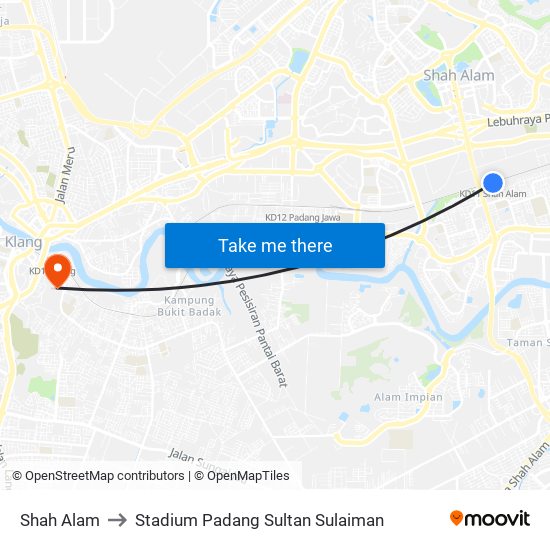 Shah Alam to Stadium Padang Sultan Sulaiman map