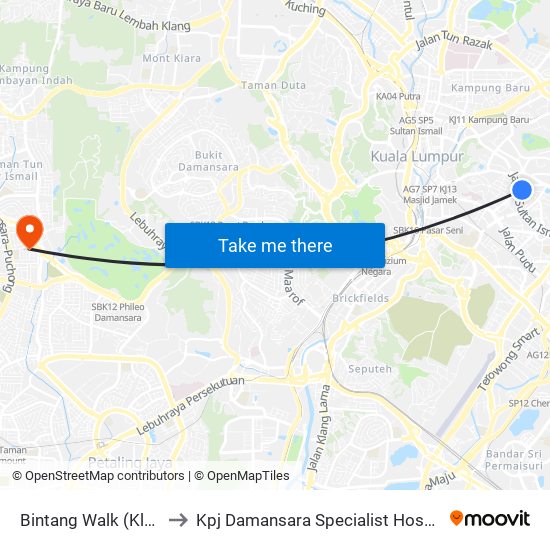 Bintang Walk (Kl85) to Kpj Damansara Specialist Hospital map