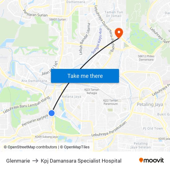 Glenmarie to Kpj Damansara Specialist Hospital map