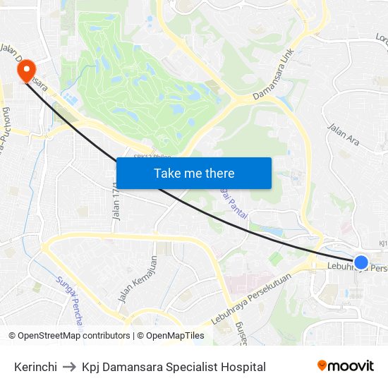 Kerinchi to Kpj Damansara Specialist Hospital map