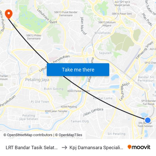 LRT Bandar Tasik Selatan (Kl152) to Kpj Damansara Specialist Hospital map