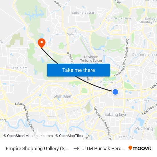 Empire Shopping Gallery (Sj414) to UITM Puncak Perdana map