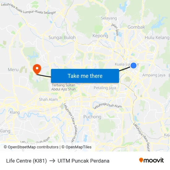 Life Centre (Kl81) to UITM Puncak Perdana map