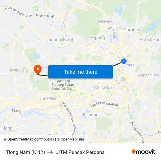 Tiong Nam (Kl42) to UITM Puncak Perdana map