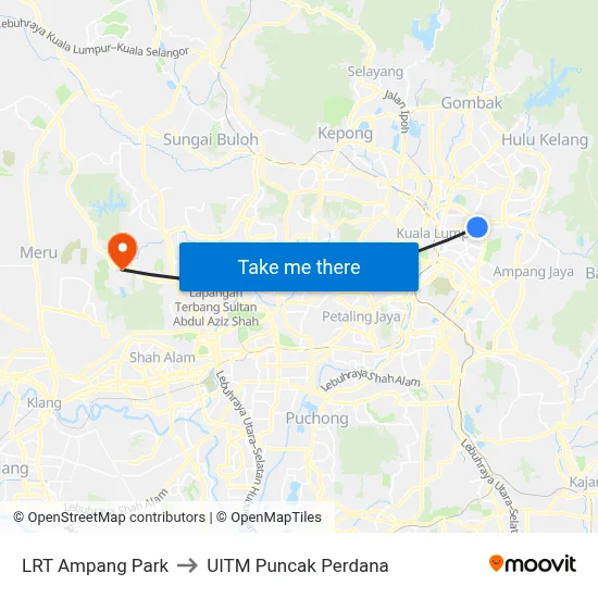 LRT Ampang Park to UITM Puncak Perdana map
