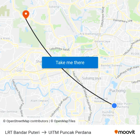 LRT Bandar Puteri to UITM Puncak Perdana map