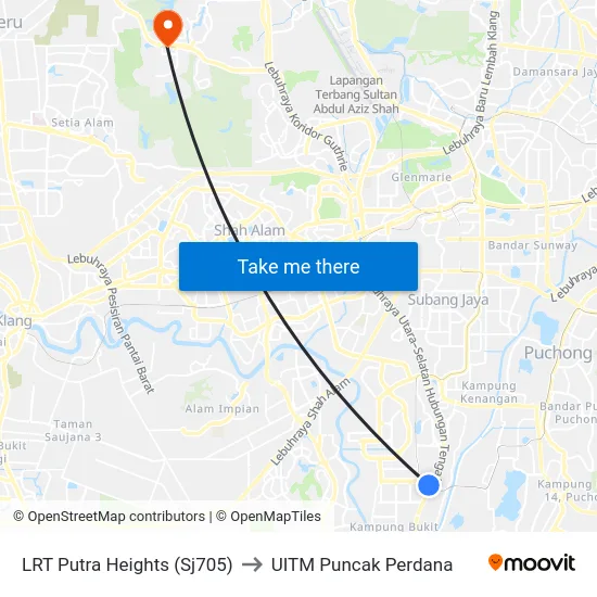 LRT Putra Heights (Sj705) to UITM Puncak Perdana map