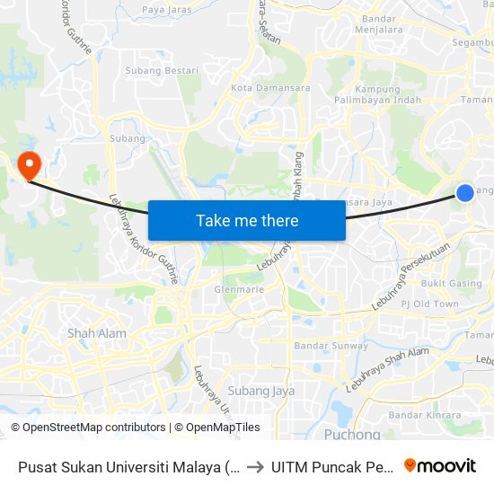 Pusat Sukan Universiti Malaya (Kl2344) to UITM Puncak Perdana map