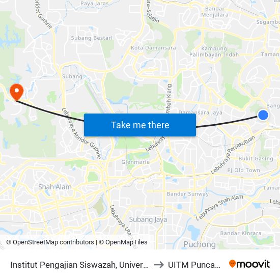 Institut Pengajian Siswazah, Universiti Malaya (Kl2342) to UITM Puncak Perdana map