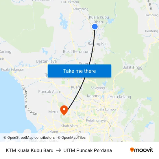 KTM Kuala Kubu Baru to UITM Puncak Perdana map