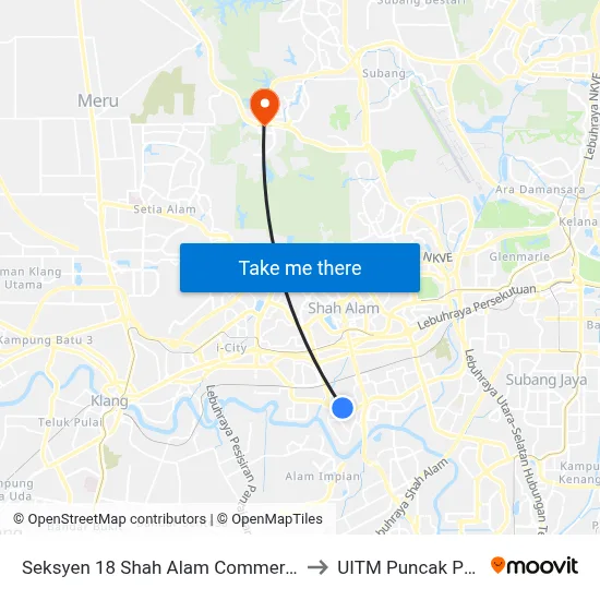 Seksyen 18 Shah Alam Commercial Centre to UITM Puncak Perdana map