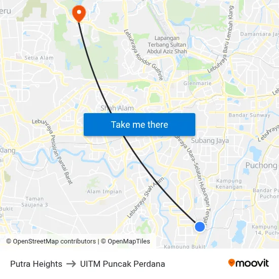 Putra Heights to UITM Puncak Perdana map