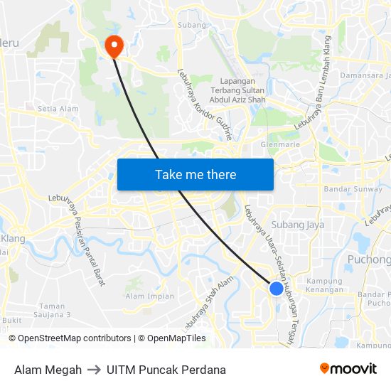 Alam Megah to UITM Puncak Perdana map