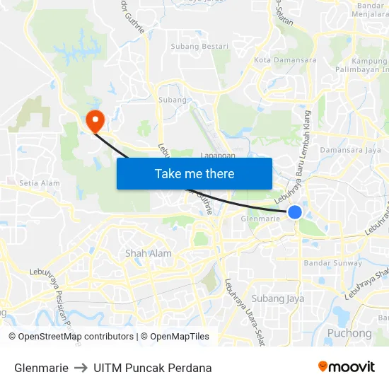 Glenmarie to UITM Puncak Perdana map