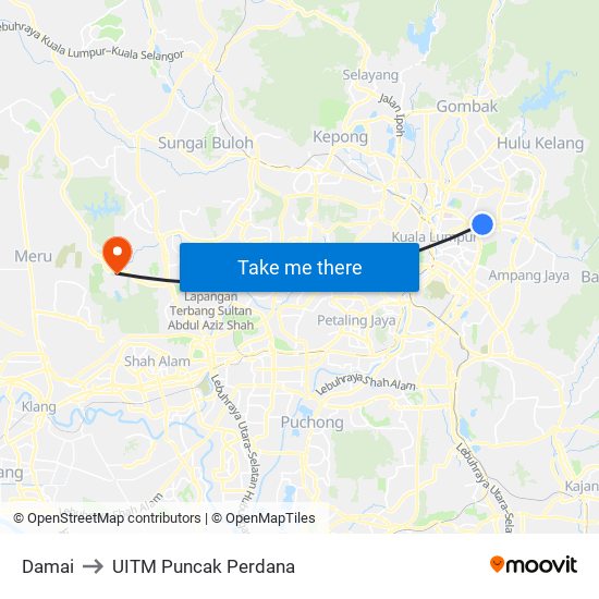 Damai to UITM Puncak Perdana map