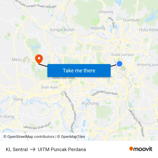 KL Sentral to UITM Puncak Perdana map