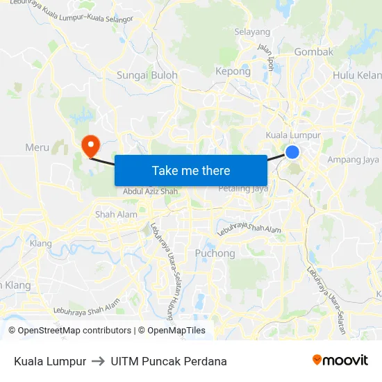 Kuala Lumpur to UITM Puncak Perdana map