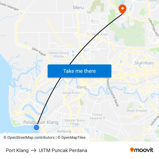 Port Klang to UITM Puncak Perdana map