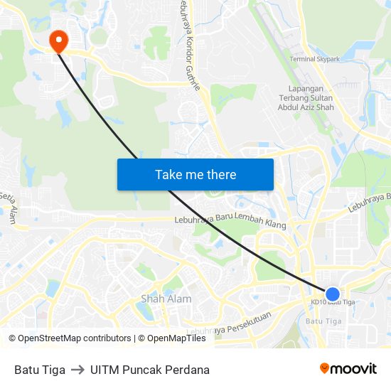 Batu Tiga to UITM Puncak Perdana map