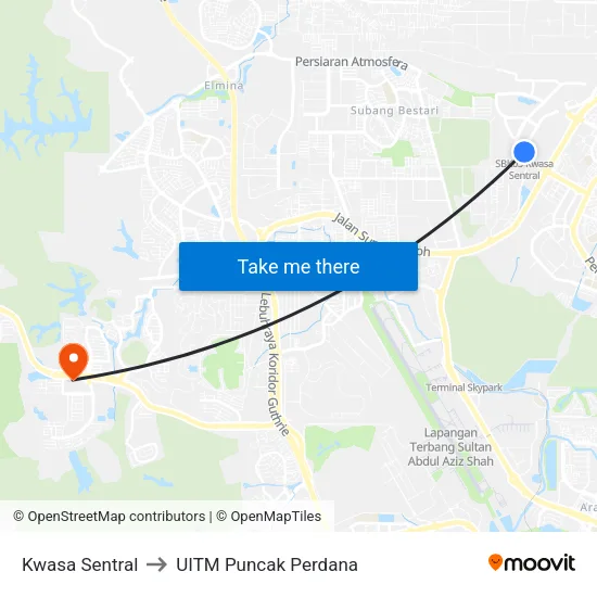 Kwasa Sentral to UITM Puncak Perdana map