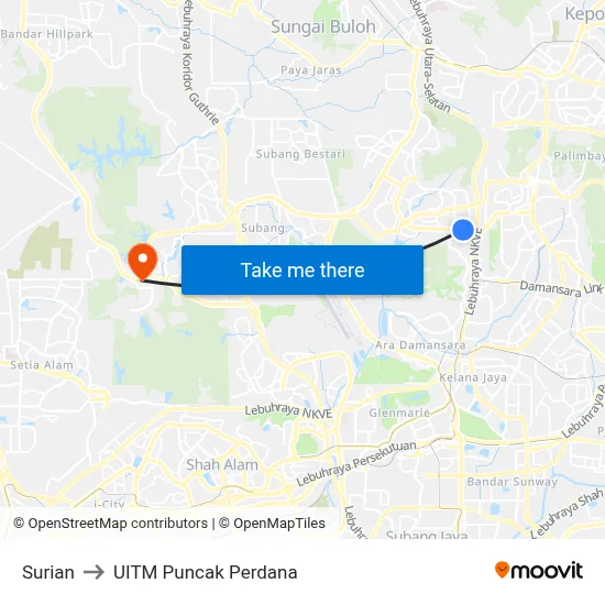 Surian to UITM Puncak Perdana map