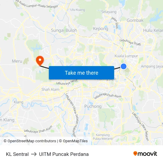 KL Sentral to UITM Puncak Perdana map