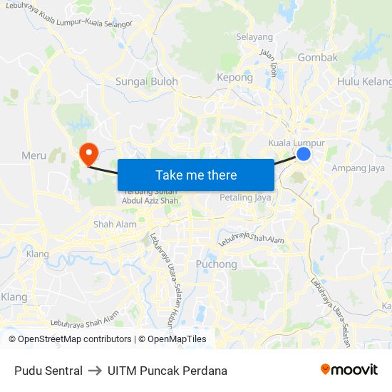 Pudu Sentral to UITM Puncak Perdana map