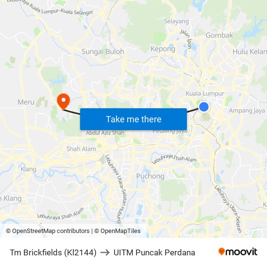 Tm Brickfields (Kl2144) to UITM Puncak Perdana map