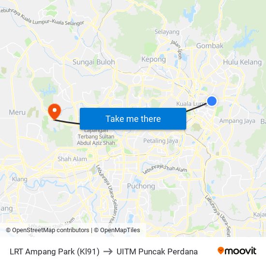 LRT Ampang Park (Kl91) to UITM Puncak Perdana map
