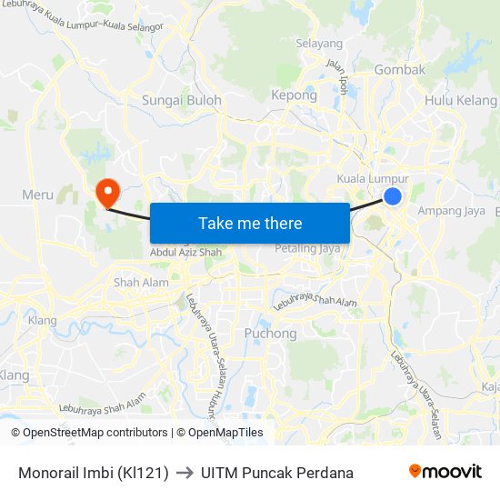 Monorail Imbi (Kl121) to UITM Puncak Perdana map