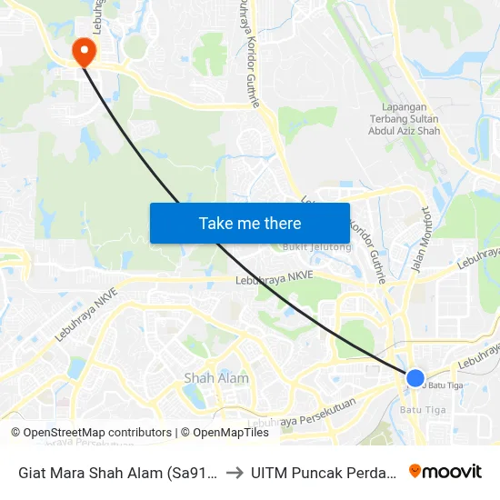 Giat Mara Shah Alam (Sa916) to UITM Puncak Perdana map
