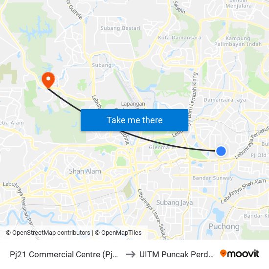 Pj21 Commercial Centre (Pj116) to UITM Puncak Perdana map